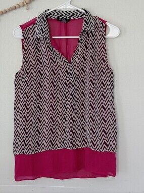Y2K Robert Louis Semi Sheer Chevron Hot Pink Hi-low Sleeveless Blouse Size Small